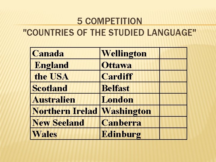 5 COMPETITION "COUNTRIES OF THE STUDIED LANGUAGE" Canada England the USA Scotland Australien Northern