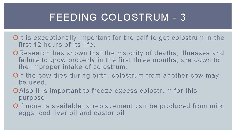 FEEDING COLOSTRUM - 3 It is exceptionally important for the calf to get colostrum