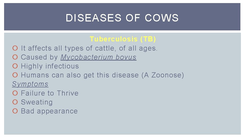 DISEASES OF COWS Tuberculosis (TB) It affects all types of cattle, of all ages.