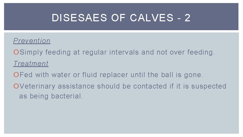 DISESAES OF CALVES - 2 Prevention Simply feeding at regular intervals and not over