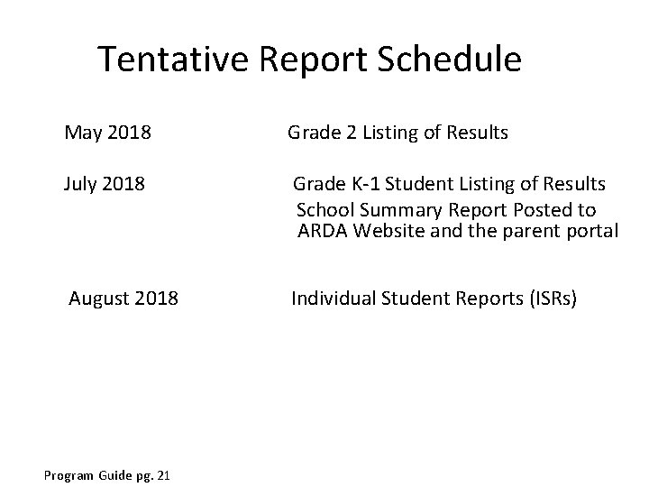 Tentative Report Schedule May 2018 July 2018 Grade 2 Listing of Results Grade K-1 Tentative Report Schedule May 2018 July 2018 Grade 2 Listing of Results Grade K-1