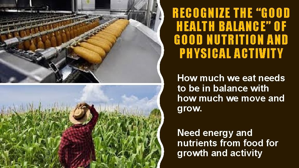 RECOGNIZE THE “GOOD HEALTH BALANCE” OF GOOD NUTRITION AND PHYSICAL ACTIVITY How much we RECOGNIZE THE “GOOD HEALTH BALANCE” OF GOOD NUTRITION AND PHYSICAL ACTIVITY How much we