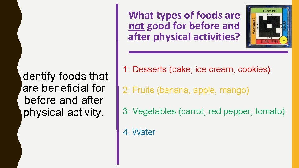 What types of foods are not good for before and after physical activities? Identify What types of foods are not good for before and after physical activities? Identify