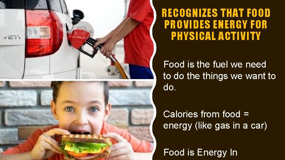 RECOGNIZES THAT FOOD PROVIDES ENERGY FOR PHYSICAL ACTIVITY Food is the fuel we need RECOGNIZES THAT FOOD PROVIDES ENERGY FOR PHYSICAL ACTIVITY Food is the fuel we need