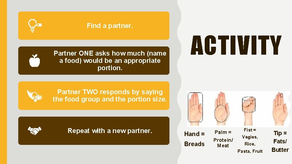 Find a partner. Partner ONE asks how much (name a food) would be an Find a partner. Partner ONE asks how much (name a food) would be an