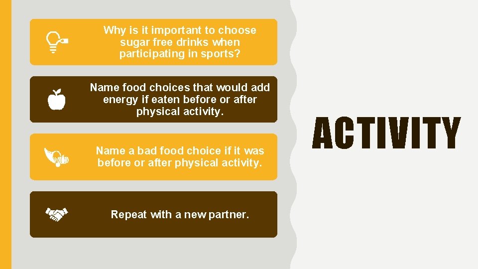 Why is it important to choose sugar free drinks when participating in sports? Name Why is it important to choose sugar free drinks when participating in sports? Name