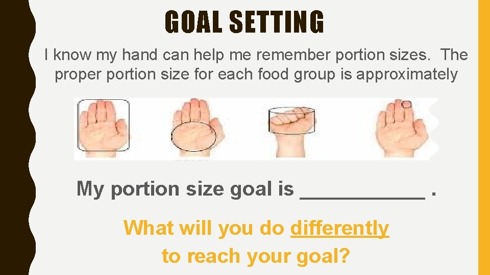 GOAL SETTING I know my hand can help me remember portion sizes. The proper GOAL SETTING I know my hand can help me remember portion sizes. The proper