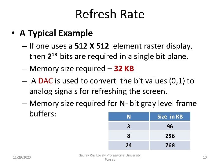 Refresh Rate • A Typical Example – If one uses a 512 X 512