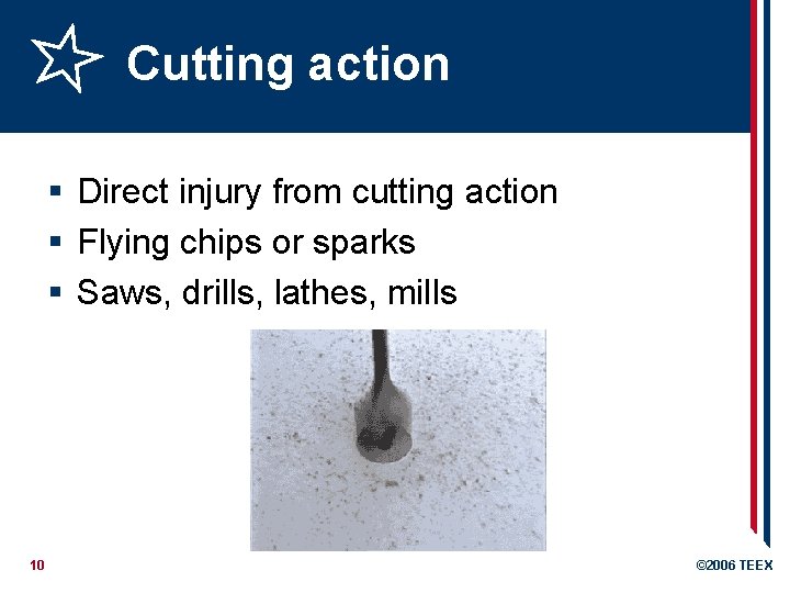 Cutting action § Direct injury from cutting action § Flying chips or sparks §
