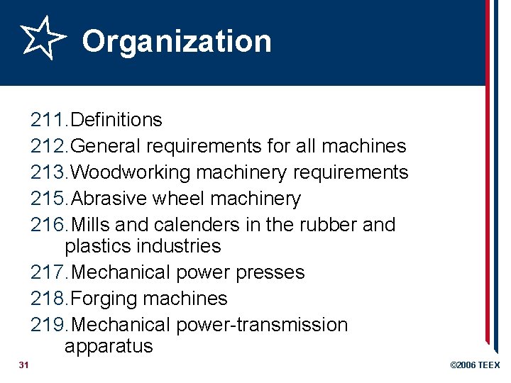 Organization 211. Definitions 212. General requirements for all machines 213. Woodworking machinery requirements 215.