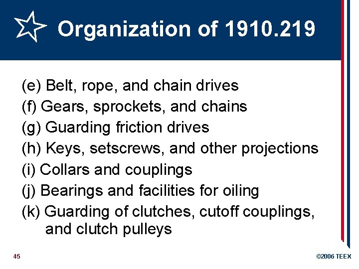 Organization of 1910. 219 (e) Belt, rope, and chain drives (f) Gears, sprockets, and