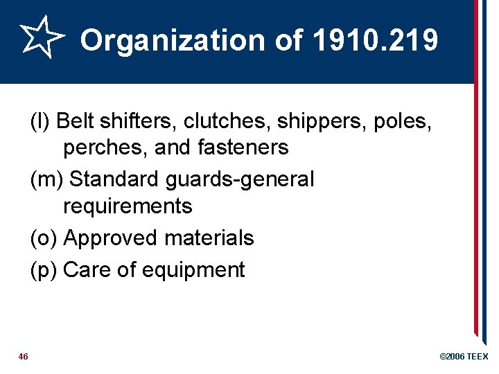 Organization of 1910. 219 (l) Belt shifters, clutches, shippers, poles, perches, and fasteners (m)