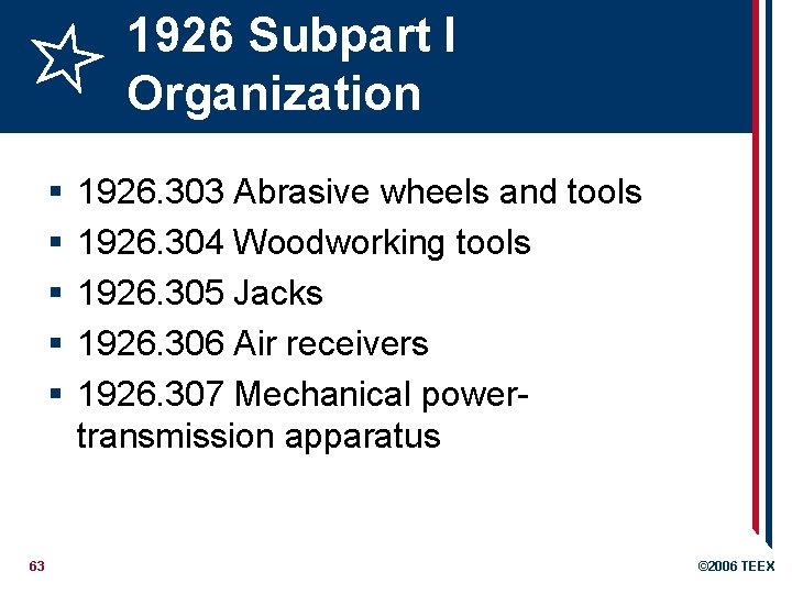 1926 Subpart I Organization § § § 63 1926. 303 Abrasive wheels and tools