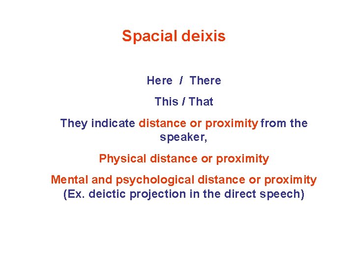 Spacial deixis Here / There This / That They indicate distance or proximity from