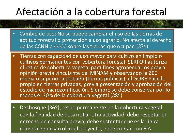 Afectación a la cobertura forestal • Cambio de uso: No se puede cambiar el