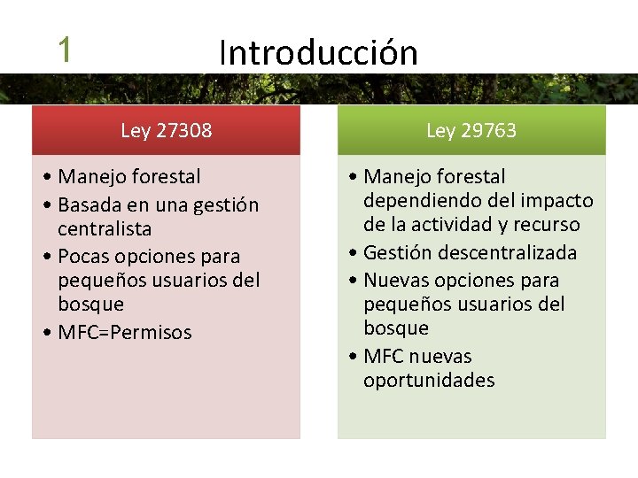 Introducción 1 Ley 27308 • Manejo forestal • Basada en una gestión centralista •