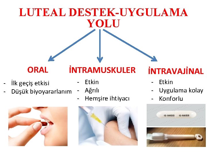 LUTEAL DESTEK-UYGULAMA YOLU ORAL İNTRAMUSKULER - Etkin - İlk geçiş etkisi - Düşük biyoyararlanım