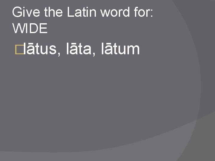 Give the Latin word for: WIDE �lātus, lāta, lātum 