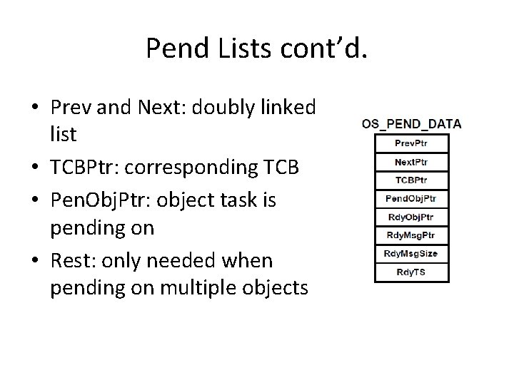 Pend Lists cont’d. • Prev and Next: doubly linked list • TCBPtr: corresponding TCB