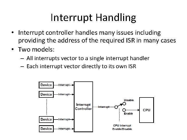 Interrupt Handling • Interrupt controller handles many issues including providing the address of the