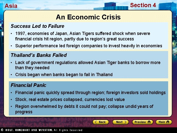 Section 4 Asia An Economic Crisis Success Led to Failure • 1997, economies of