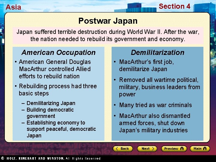Section 4 Asia Postwar Japan suffered terrible destruction during World War II. After the