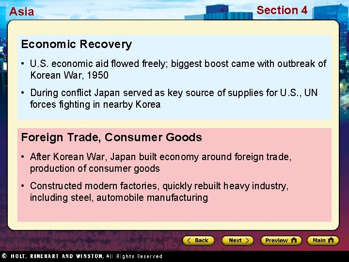 Asia Section 4 Economic Recovery • U. S. economic aid flowed freely; biggest boost