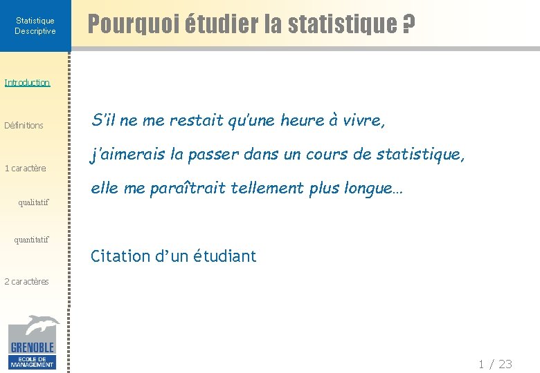 Statistique Descriptive Pourquoi étudier la statistique ? Introduction Définitions 1 caractère qualitatif S’il ne
