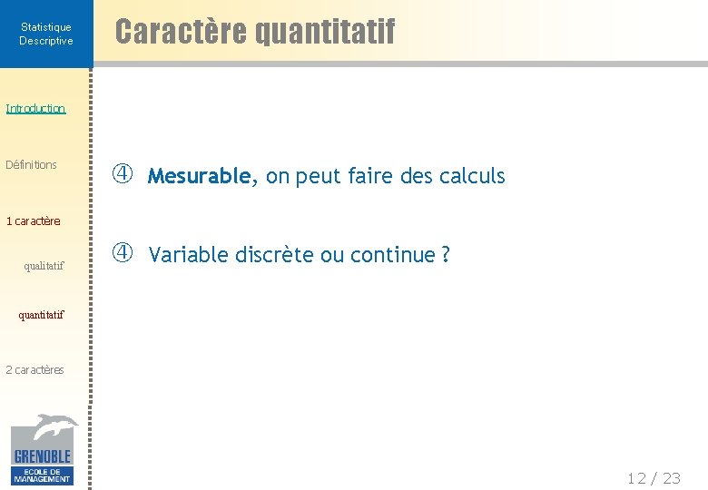 Statistique Descriptive Caractère quantitatif Introduction Définitions Mesurable, on peut faire des calculs Variable discrète