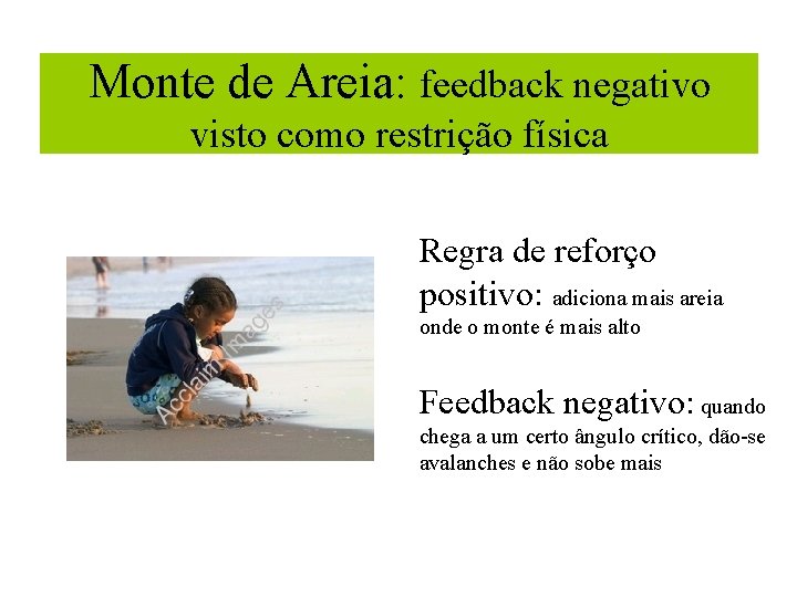 Monte de Areia: feedback negativo visto como restrição física Regra de reforço positivo: adiciona