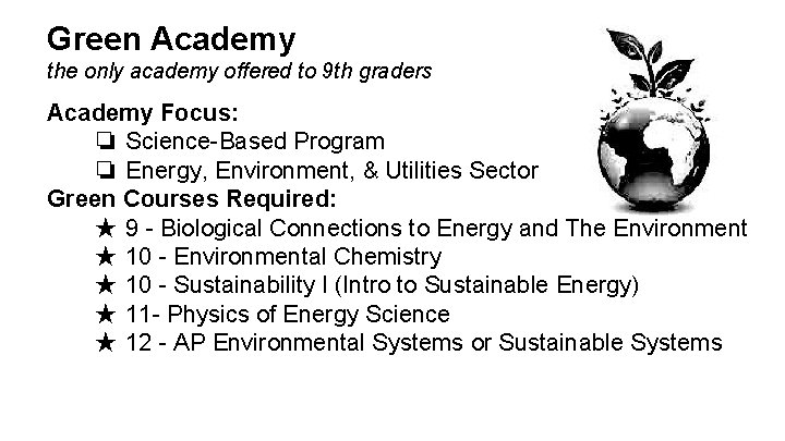 Green Academy the only academy offered to 9 th graders Academy Focus: ❏ Science-Based