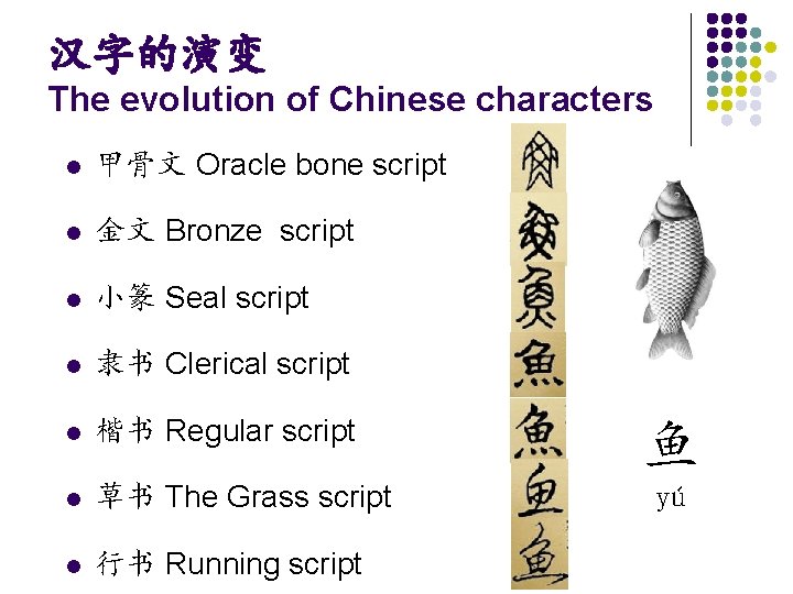 汉字的演变 The evolution of Chinese characters l 甲骨文 Oracle bone script l 金文 Bronze