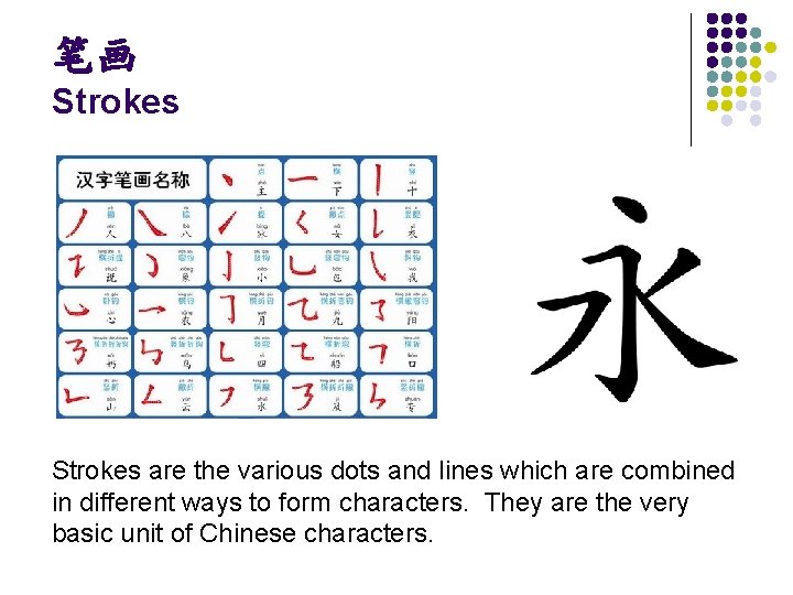 笔画 Strokes are the various dots and lines which are combined in different ways