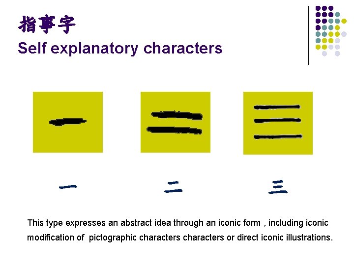 指事字 Self explanatory characters 一 二 三 This type expresses an abstract idea through