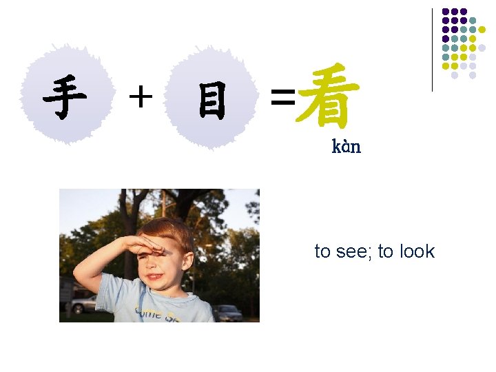 手 + 目 =看 kàn to see; to look 