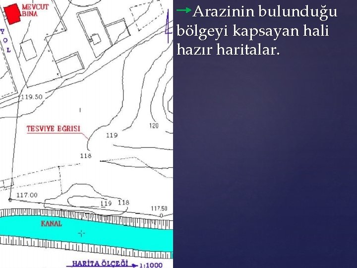 Arazinin bulunduğu bölgeyi kapsayan hali hazır haritalar. 