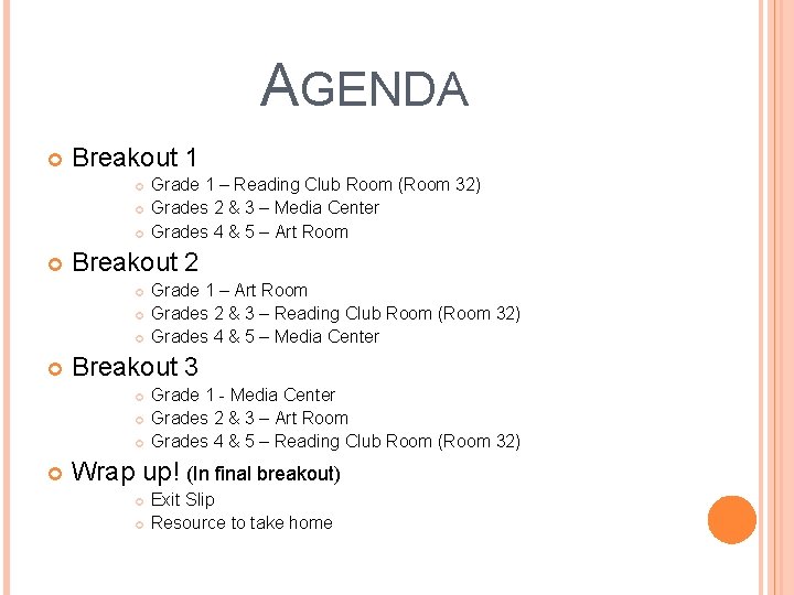 AGENDA Breakout 1 Breakout 2 Grade 1 – Art Room Grades 2 & 3