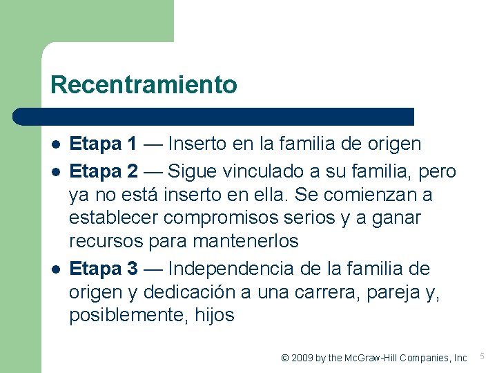 Recentramiento l l l Etapa 1 — Inserto en la familia de origen Etapa