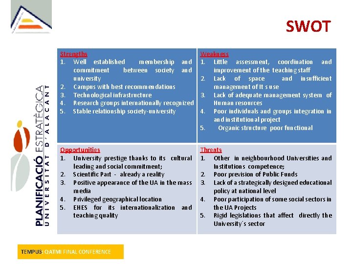 SWOT Strengths 1. Well established membership and commitment between society and university 2. Campus