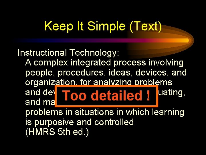 Keep It Simple (Text) Instructional Technology: A complex integrated process involving people, procedures, ideas,