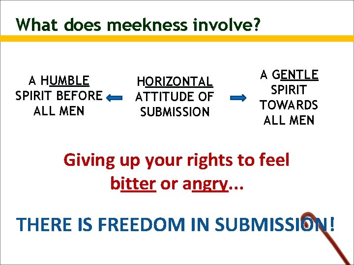 What does meekness involve? A HUMBLE SPIRIT BEFORE ALL MEN HORIZONTAL ATTITUDE OF SUBMISSION