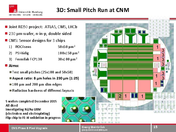 3 D: Small Pitch Run at CNM Joint RD 50 project: ATLAS, CMS, LHCb