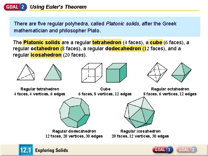 Using Euler’s Theorem There are five regular polyhedra, called Platonic solids, after the Greek