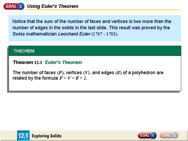 Using Euler’s Theorem Notice that the sum of the number of faces and vertices