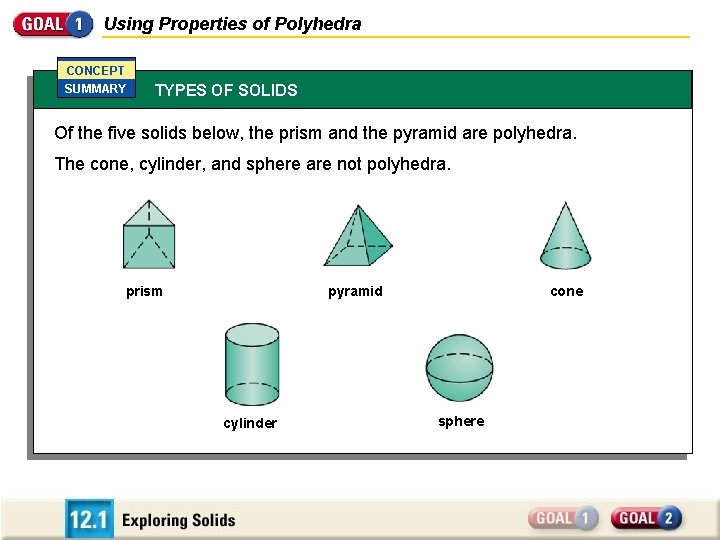 Using Properties of Polyhedra CONCEPT SUMMARY TYPES OF SOLIDS Of the five solids below,