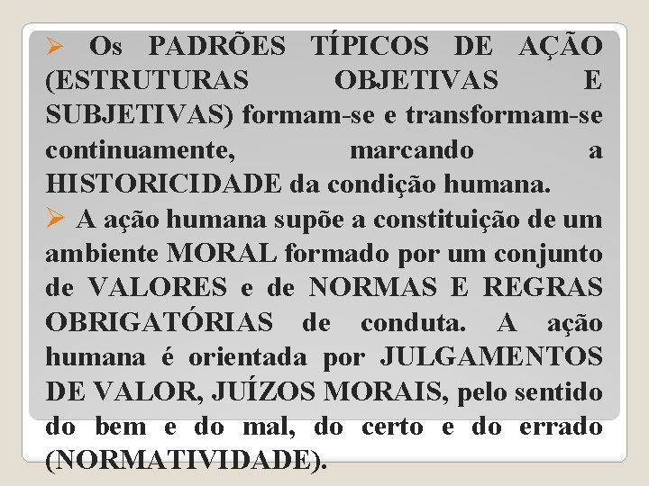 Ø Os PADRÕES TÍPICOS DE AÇÃO (ESTRUTURAS OBJETIVAS E SUBJETIVAS) formam-se e transformam-se continuamente,