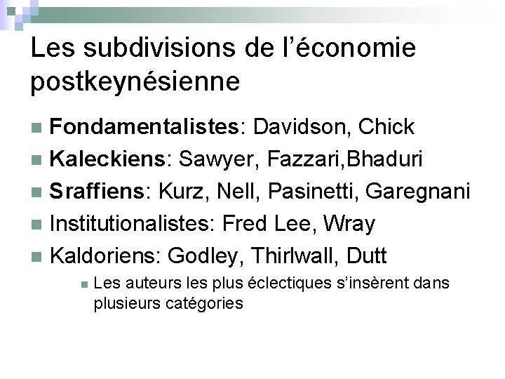 Les subdivisions de l’économie postkeynésienne Fondamentalistes: Davidson, Chick n Kaleckiens: Sawyer, Fazzari, Bhaduri n