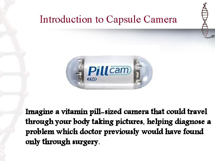 Introduction to Capsule Camera Imagine a vitamin pill-sized camera that could travel through your