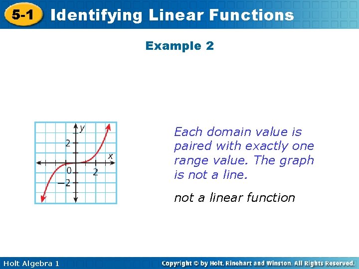 5 -1 Identifying Linear Functions Example 2 Each domain value is paired with exactly