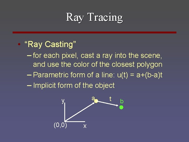 Ray Tracing • “Ray Casting” – for each pixel, cast a ray into the